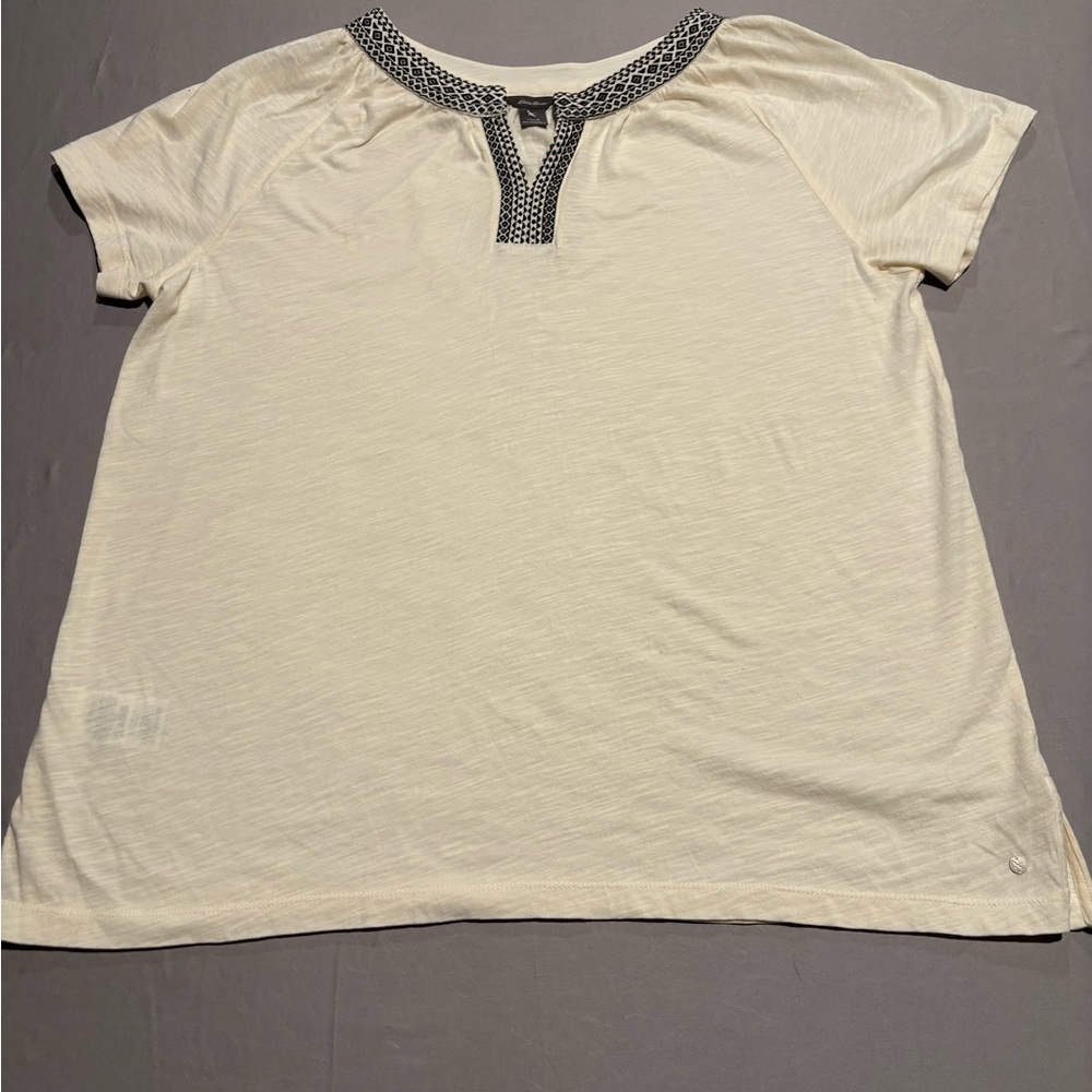 Eddie Bauer Women's Top Large Ivory‎ Embroidered Split Neck Short Sleeve Cotton
